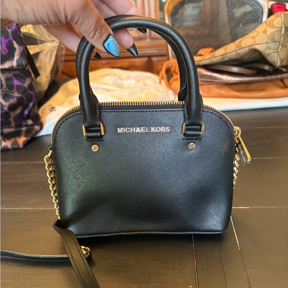 Michael Kors Black Saffiano Mini Dome Satchel with Gold Hardware